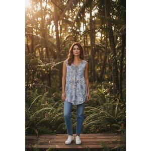 Jessica London Blue Linen Sleeveless Tunic Blouse Iace Up Detail size PLUS 16W